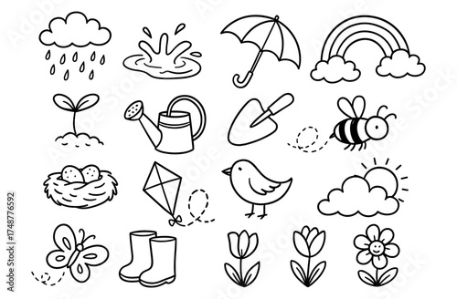 Spring doodle set with flowers, animals, and garden tools in black and white