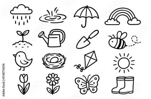 Spring gardening and weather doodles: outline style with nature symbols