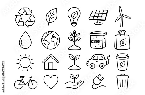 Eco-friendly icons: renewable energy, sustainability, and recycling concepts