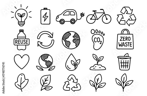 Minimalist eco icons set featuring sustainability, recycling, and renewable energy themes