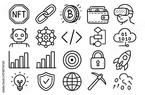 Modern digital economy icons: cryptocurrency, vr, blockchain, and ai in linear black style