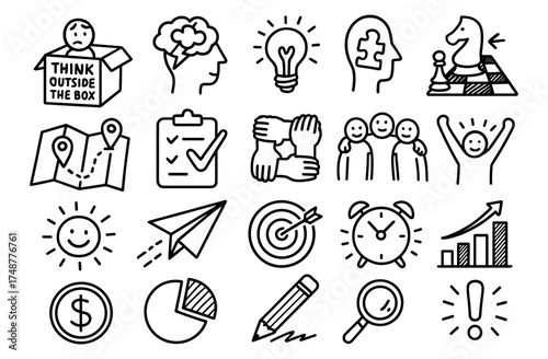 Creative thinking and teamwork icons in hand-drawn style