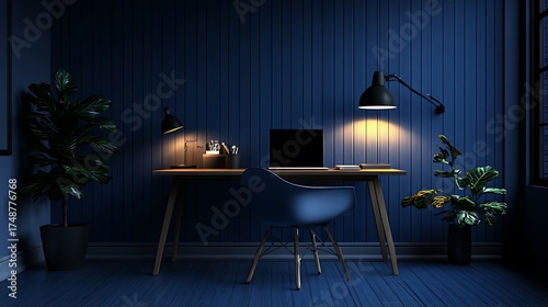 Cozy Dark Blue Home Office Desk Setup.