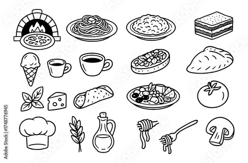 Italian cuisine doodles: pizza, pasta, and more in black and white