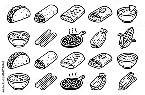 Hand drawn mexican food set: tacos, burritos, tamales, and more