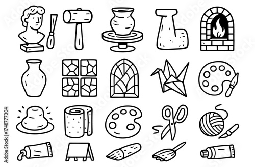 Hand drawn art tools and crafts icons set in doodle style