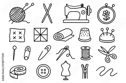 Crafting tools and sewing accessories hand drawn outline icons set