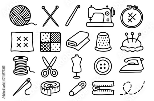 Crafting icons set: sewing, knitting, and embroidery tools and symbols