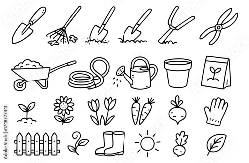 Gardening tools and elements set in linear style for home gardeners
