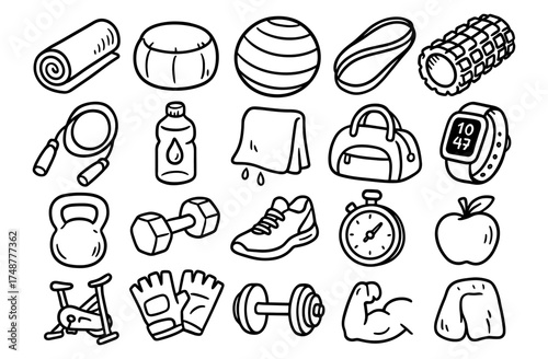 Hand drawn fitness and gym equipment icons set for active lifestyle enthusiasts