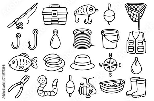 Hand drawn fishing gear collection: hooks, lures, rods, and more