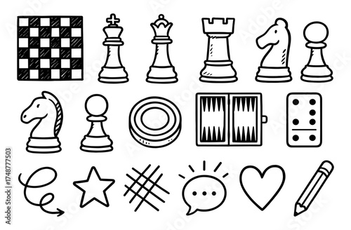 Hand drawn chess and board game icons set with doodles