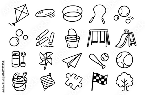Playful doodle icons of outdoor and indoor games for kids and families