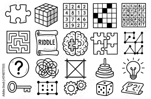 Hand drawn puzzle icons: brain teasers and games collection