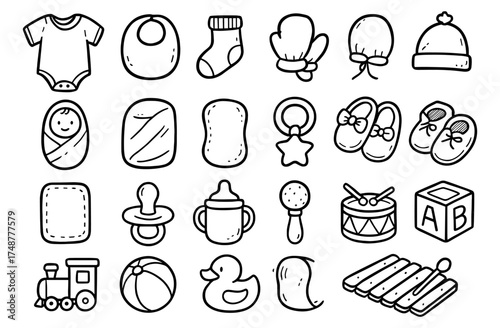 Baby essentials doodle collection: outlined baby clothes and toys in hand-drawn style