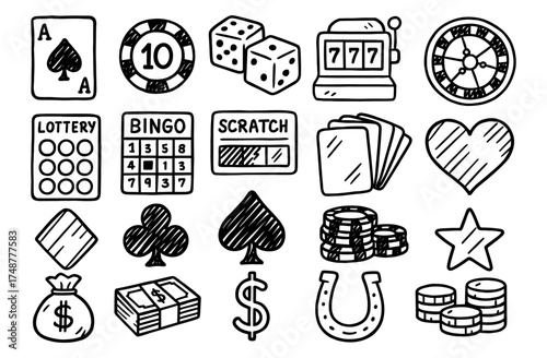 Doodle style gambling icons collection featuring cards, dice, slot machine, and more