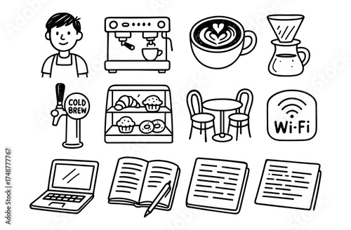 Coffee shop doodles: barista, equipment, and cozy cafe essentials in hand-drawn style