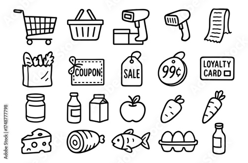 Essential shopping icons: cart, cash register, discounts, grocery items in linear style