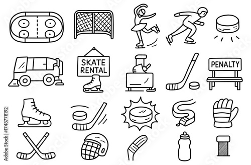Ice hockey and skating equipment line icons for sports enthusiasts