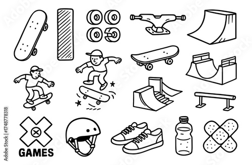Skateboard icons set with ramps, gear, and tricks in black and white doodle style