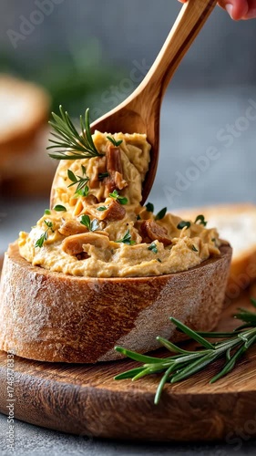 Delicious culinary journey: creamy spread preparation with fresh herbs and crusty bread