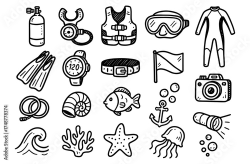 Hand drawn diving and snorkeling equipment doodle designs in black and white
