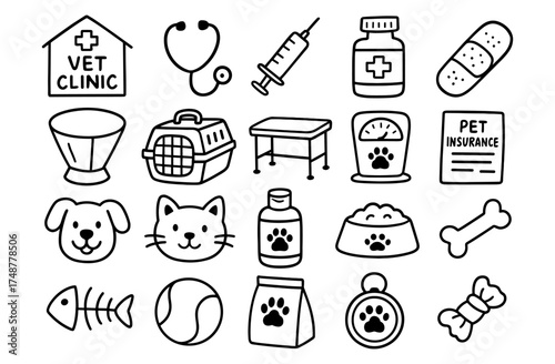 Simple pet care doodles: vet clinic, pet supplies, and veterinary icons