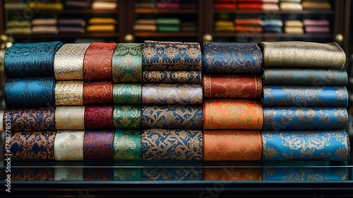 Silk Fabric Rolls with Luxury Textiles, and Store Shelf.