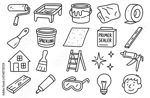 Home renovation tools doodle set with paint roller, ladder, and safety goggles in black and white