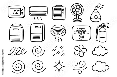 Doodle style home climate control elements with fans and safety icons