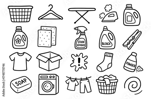 Hand-drawn laundry essentials icons: detergents, clothing, and accessories collection