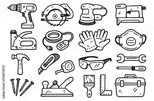 Hand drawn tool icons collection: drill, saw, wrench, hammer, toolbox, safety gear