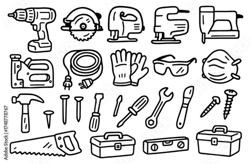 Hand-drawn toolbox essentials: diverse construction tools for diy projects
