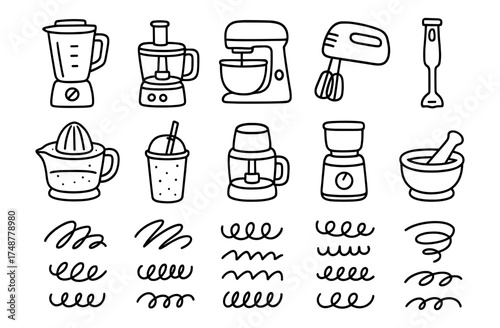 Hand-drawn kitchen appliance icons with decorative line art elements