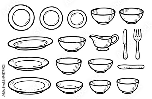 Hand drawn kitchenware set: plates, bowls, and cutlery designs