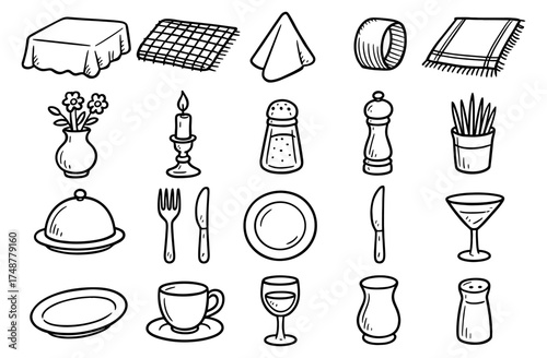 Hand-drawn kitchen and tableware collection with doodles of plates, cutlery, and glassware