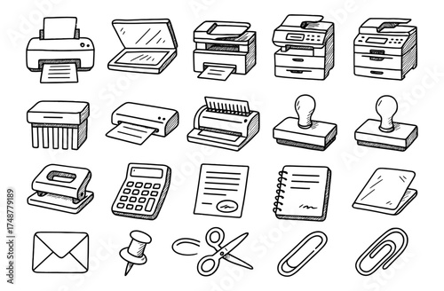 Hand drawn office equipment icons with printers, scanners, stamps, and stationery supplies