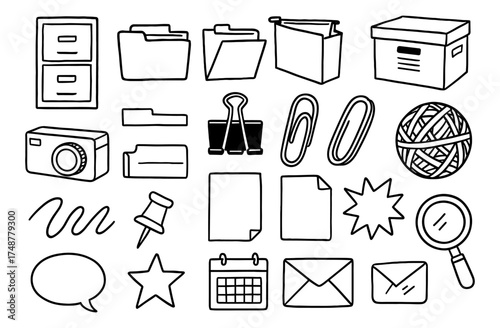 Hand-drawn office supplies doodle set for creative designs