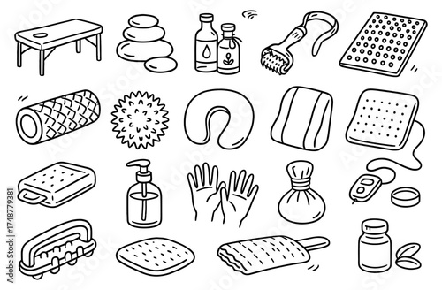 Spa and wellness line art: massage, aromatherapy, relaxation essentials