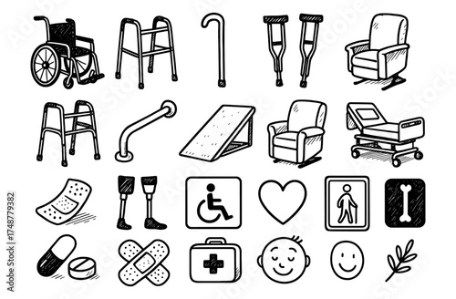 Hand-drawn medical equipment and accessibility icons set for healthcare design