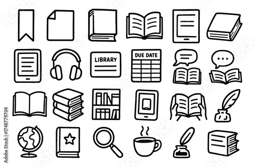 Hand-drawn library icons: books, tablet, globe, and more in bold line art style