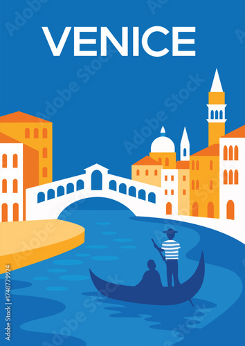 Modern minimalist poster of Venice, Italy, featuring the iconic Rialto Bridge, colorful Venetian buildings, and a gondolier gliding through the canal.