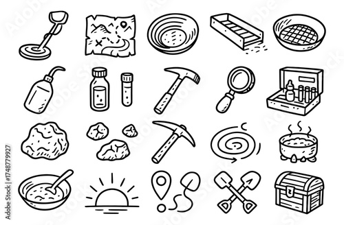 Treasure hunting tools and symbols in hand drawn doodle style