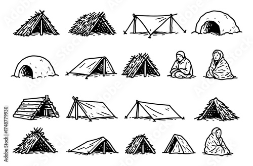 Ink drawn historical shelters and nomads in black and white