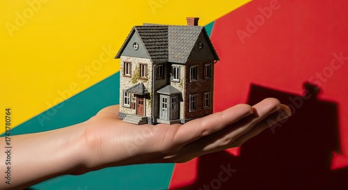 Miniature House Displayed on Human Hand against a Vibrant Yellow and Red Background Emphasizing Tiny House Scale and Fine Details