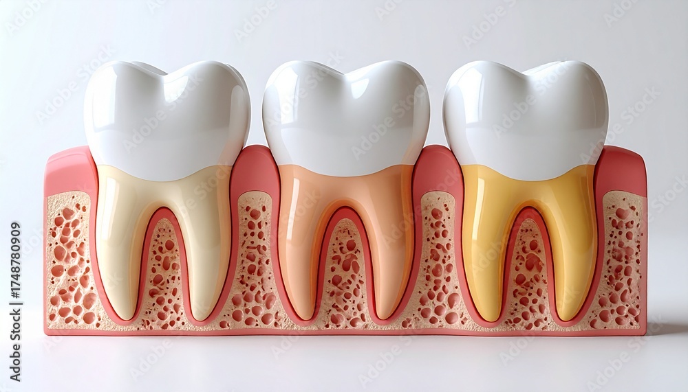 Obraz premium 3D medical illustration showcasing different stages of dental health and gum anatomy, emphasizing root conditions and bone structure for educational and professional dental content