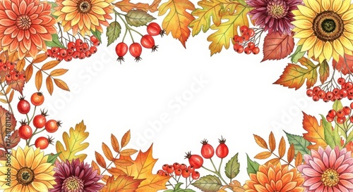 watercolor autumn floral frame. illustration of sunflowers, fall leaves, berries in warm seasonal colors. Isolated on white background with copy space for Thanksgiving and holiday greetings.