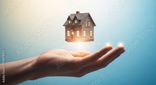 Glowing Miniature House Floating Above Palm Symbolic Real Estate Concept Representing Dream Home Affordability and Future