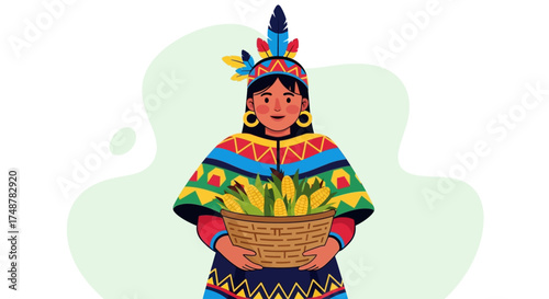 Illustration of an indigenous woman in traditional clothing holding a basket of corn.