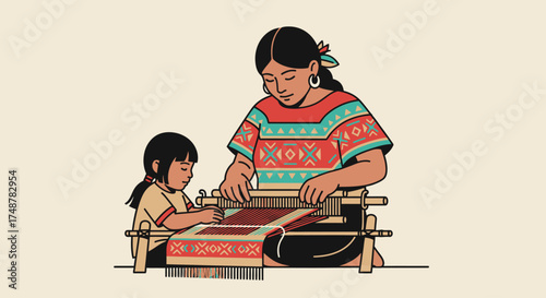 A mother and daughter are weaving a colorful textile on a traditional loom, passing down cultural heritage.